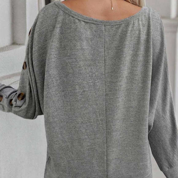Gray Solid Color Button Decor Dolman Sleeve Top - Picture 3 of 6